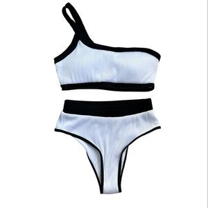 NO BRAND NEW!‎ Women’s Black and White One-Shoulder Bikini High-Waist Ribbed S